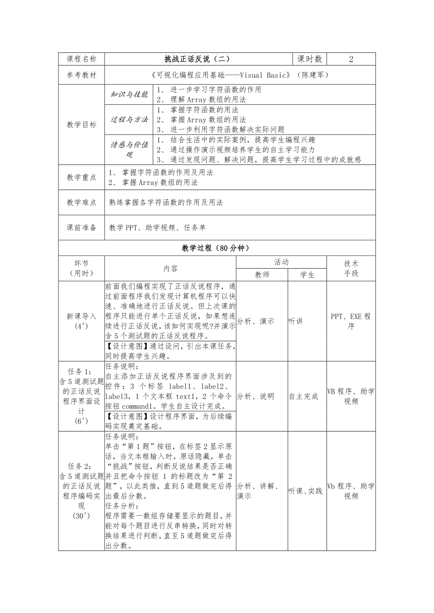 高教版《可视化编程应用基础——Visual Basic》任务2.7-挑战正话反说（2）教案（表格式）