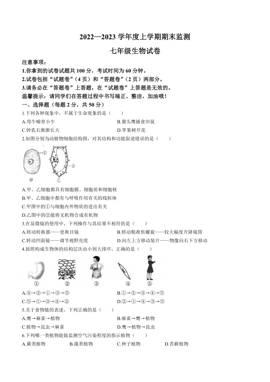 安徽省蚌埠市蚌山区2022-2023学年七年级上学期期末生物试题（含答案）