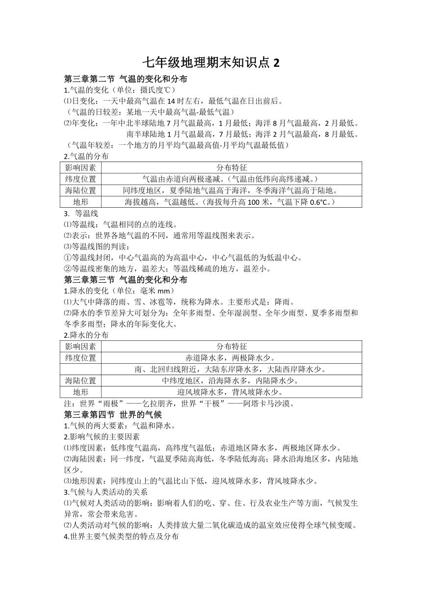 2023-2024学年七年级地理上学期人教版期末知识点总结