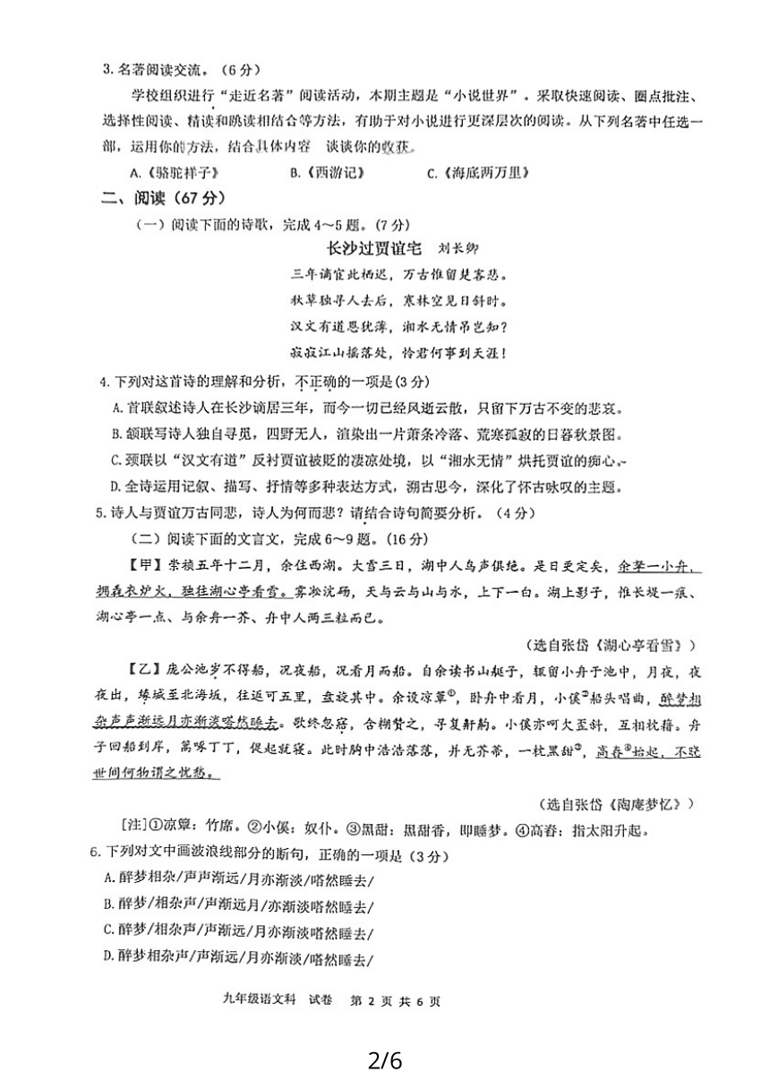 福建省漳州市2023-2024学年第一学期期中考九年级语文试卷（PDF版，含答案）