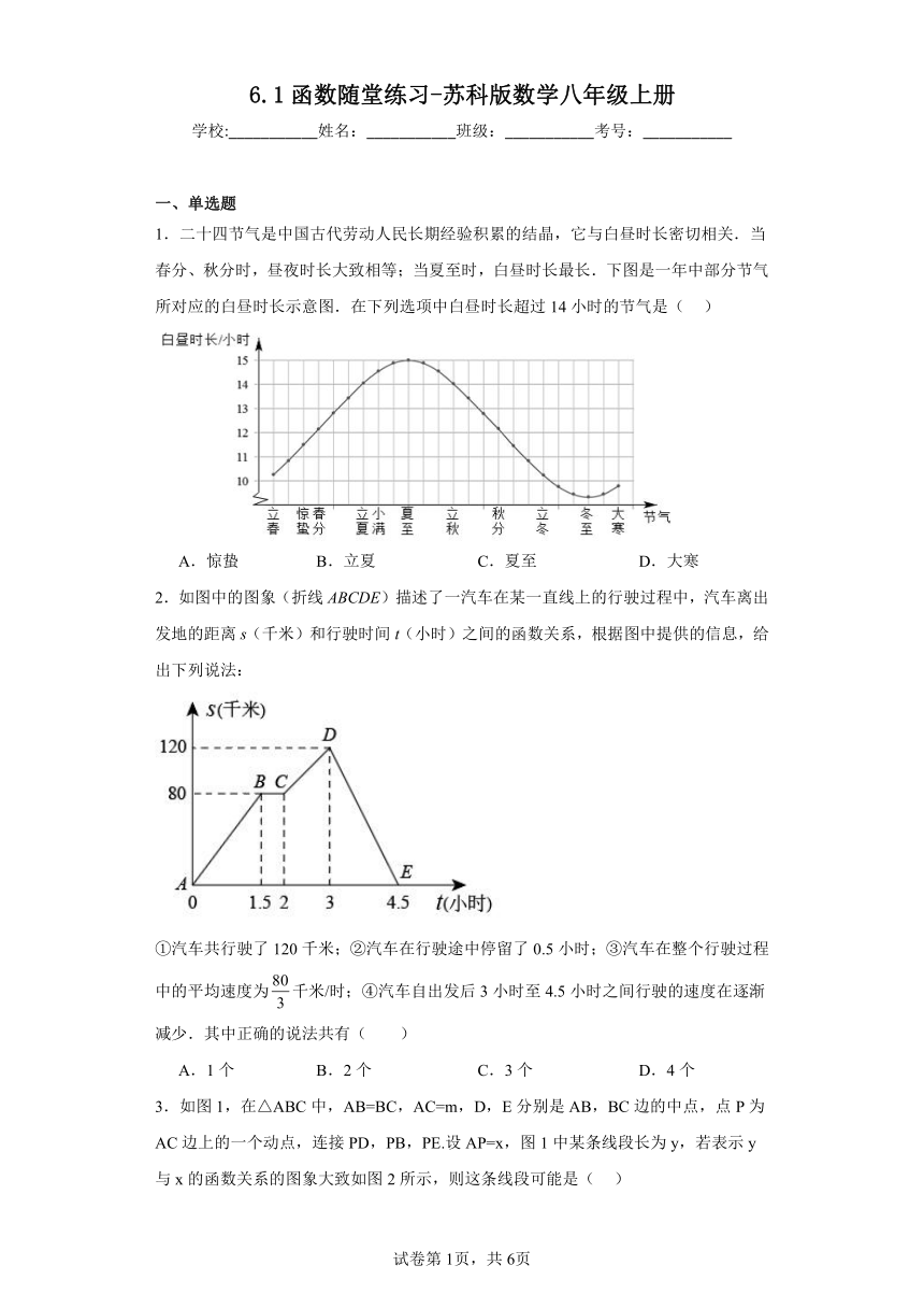 6.1函数随堂练习-苏科版数学八年级上册（含答案）