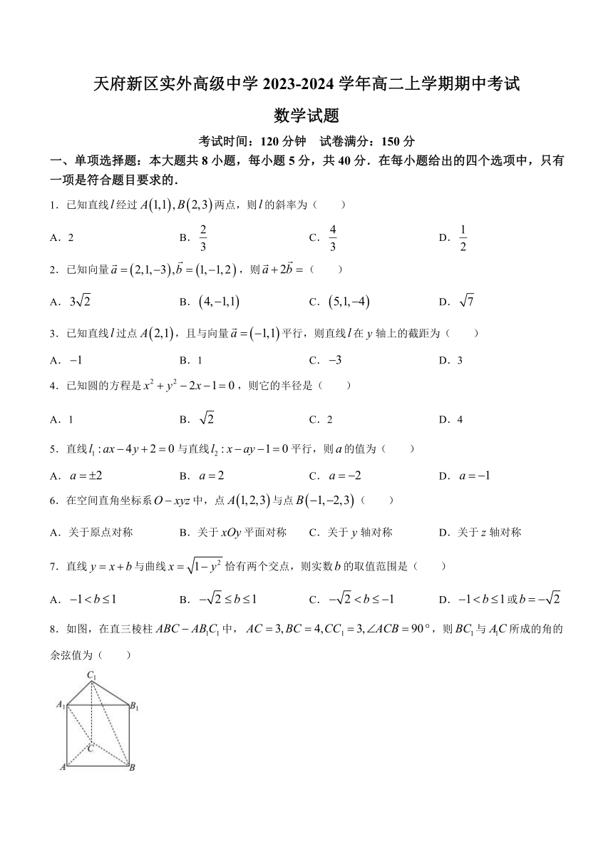 四川天府新区实外高级中学2023-2024学年高二上学期期中考试数学试题（含解析）