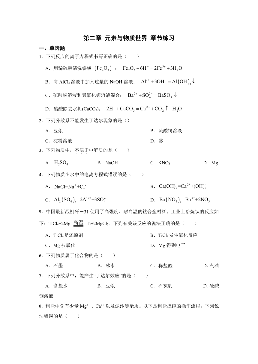 第二章 元素与物质世界 章节练习  （含解析）2023-2024学年高一上学期化学鲁科版（2019）必修第一册