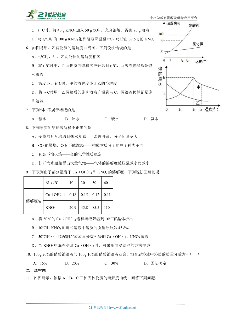 人教版初中化学九年级下册 第九单元溶液同步练习（含答案）