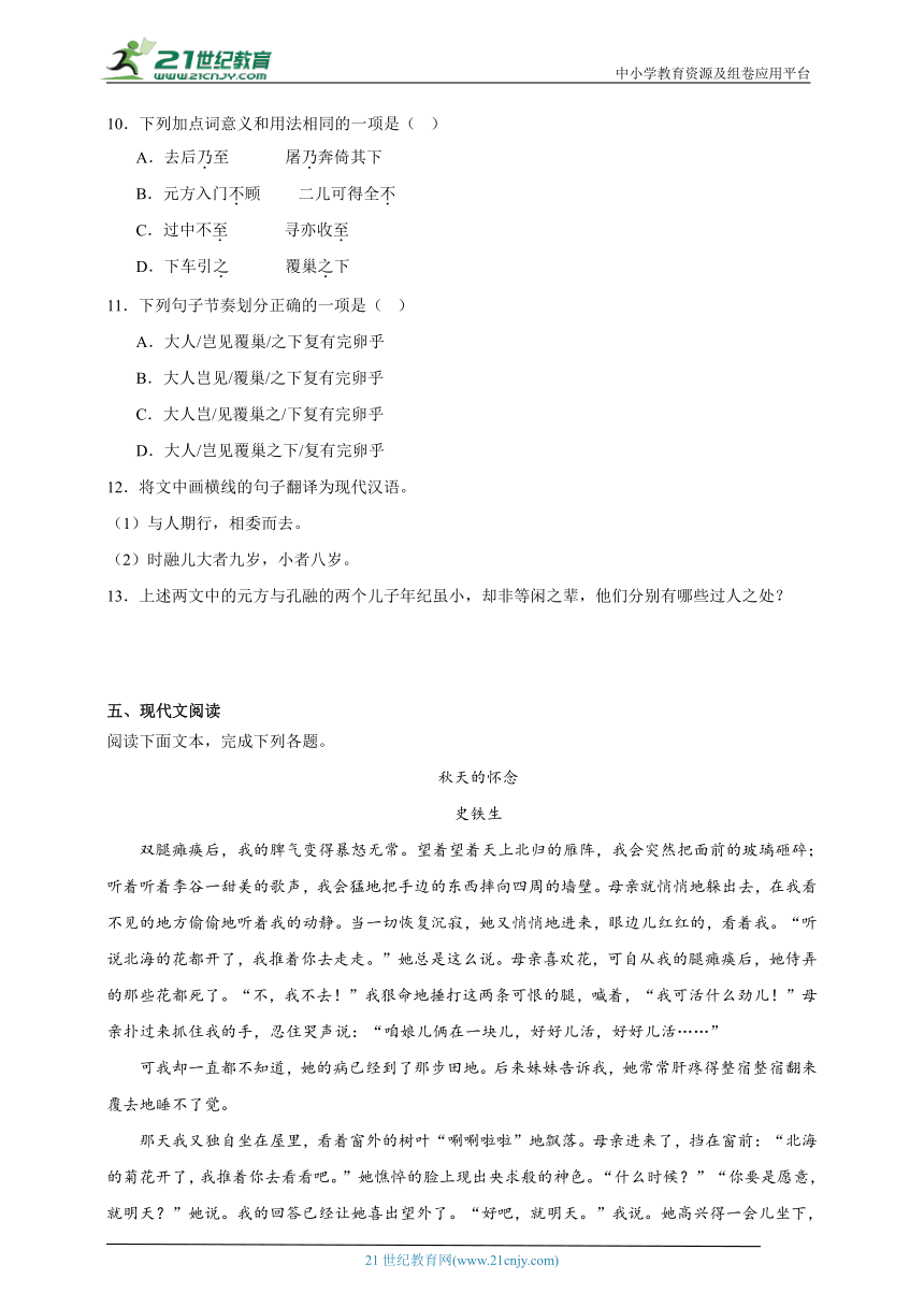 部编版语文七年级上册期末第二单元拔高练（含答案）