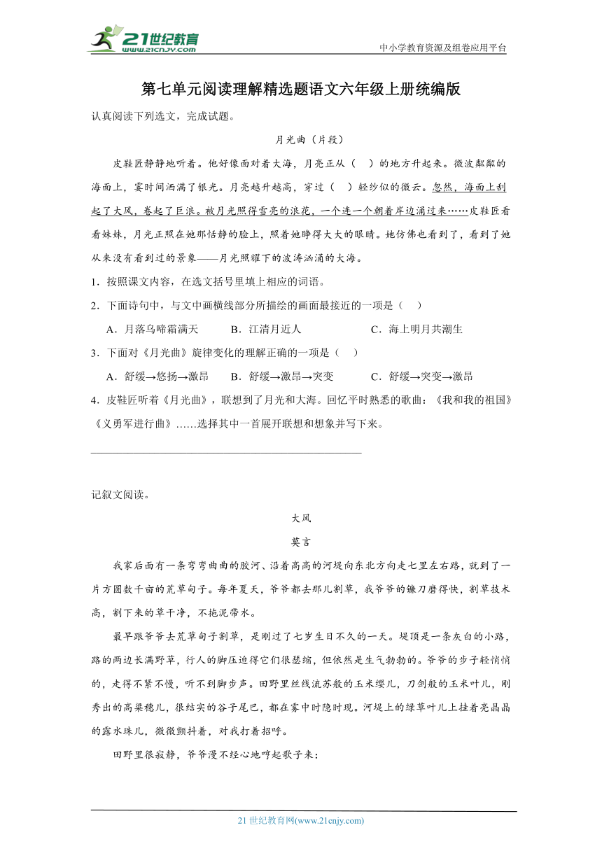 统编版语文六年级上册第七单元阅读理解精选题（含答案）