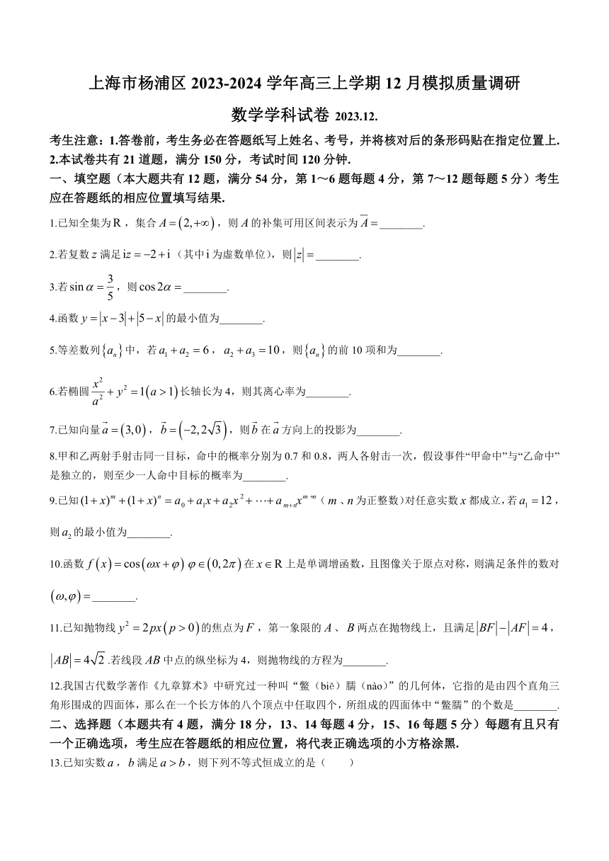 上海市杨浦区2023-2024学年高三上学期12月模拟质量调研数学试题（无答案）