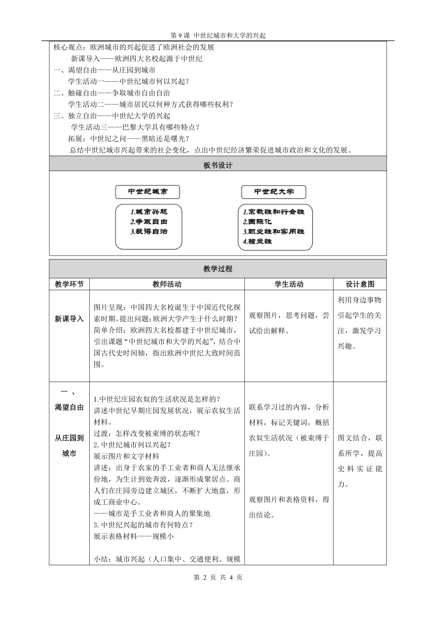 第9课 中世纪城市和大学的兴起 教学设计（表格式）