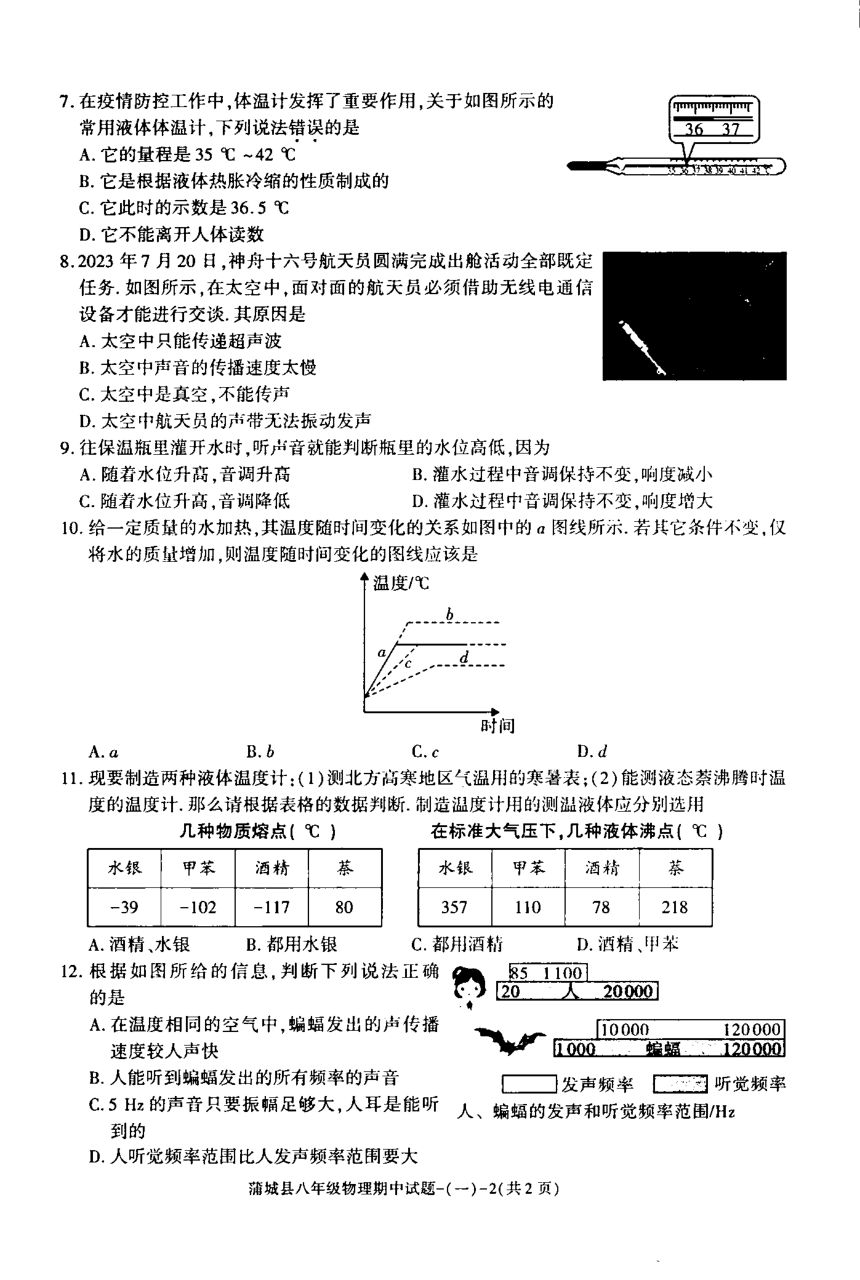 陕西省渭南市蒲城县2023-2024学年八年级上学期期中考试物理试卷（PDF版无答案）