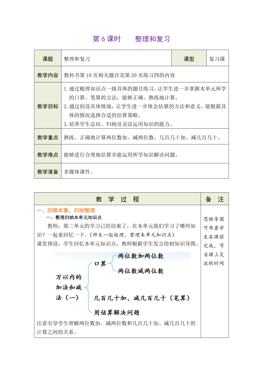 人教版数学三年级上册2.6 整理和复习 表格式教案