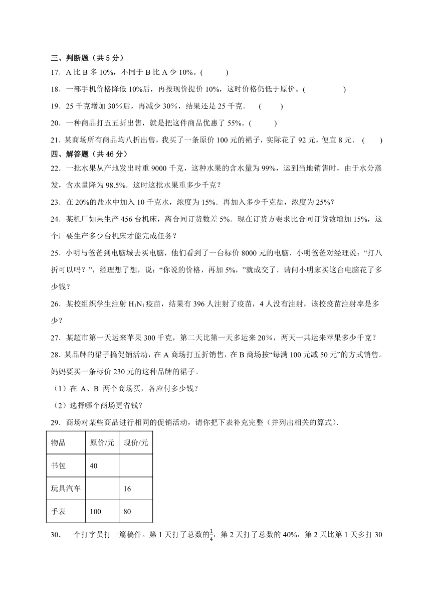 六年级数学上册冀教版第五单元百分数的应用（提升卷）（含解析）