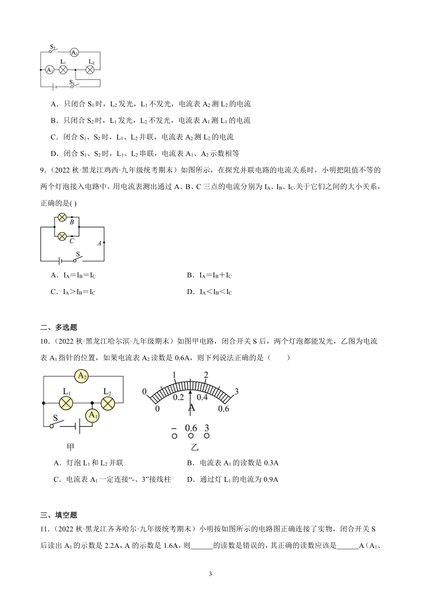 15.5 串、并联电路中电流的规律 同步练习(含解析)  2022-2023学年上学期黑龙江省各地九年级物理期末试题选编