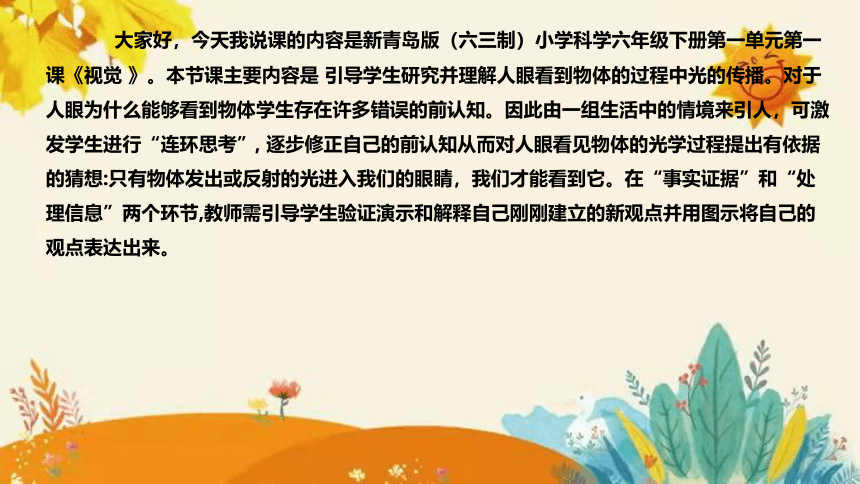 【新】青岛版小学科学六年级下册第一单元第一课时《视觉》说课课件(共27张PPT)附反思含板书设计