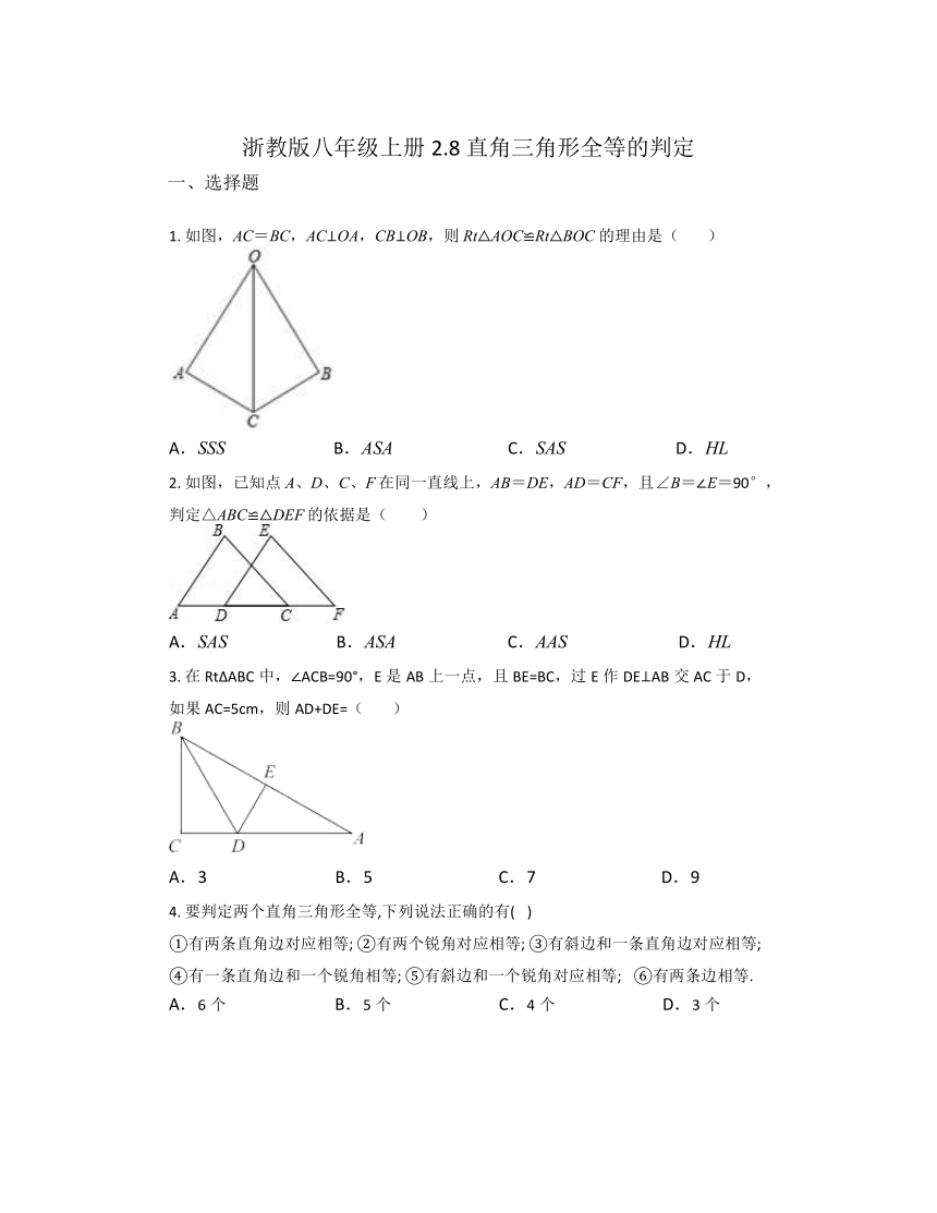 2.8 直角三角形全等的判定 同步练习（无答案） 2023-2024学年浙教版八年级数学上册