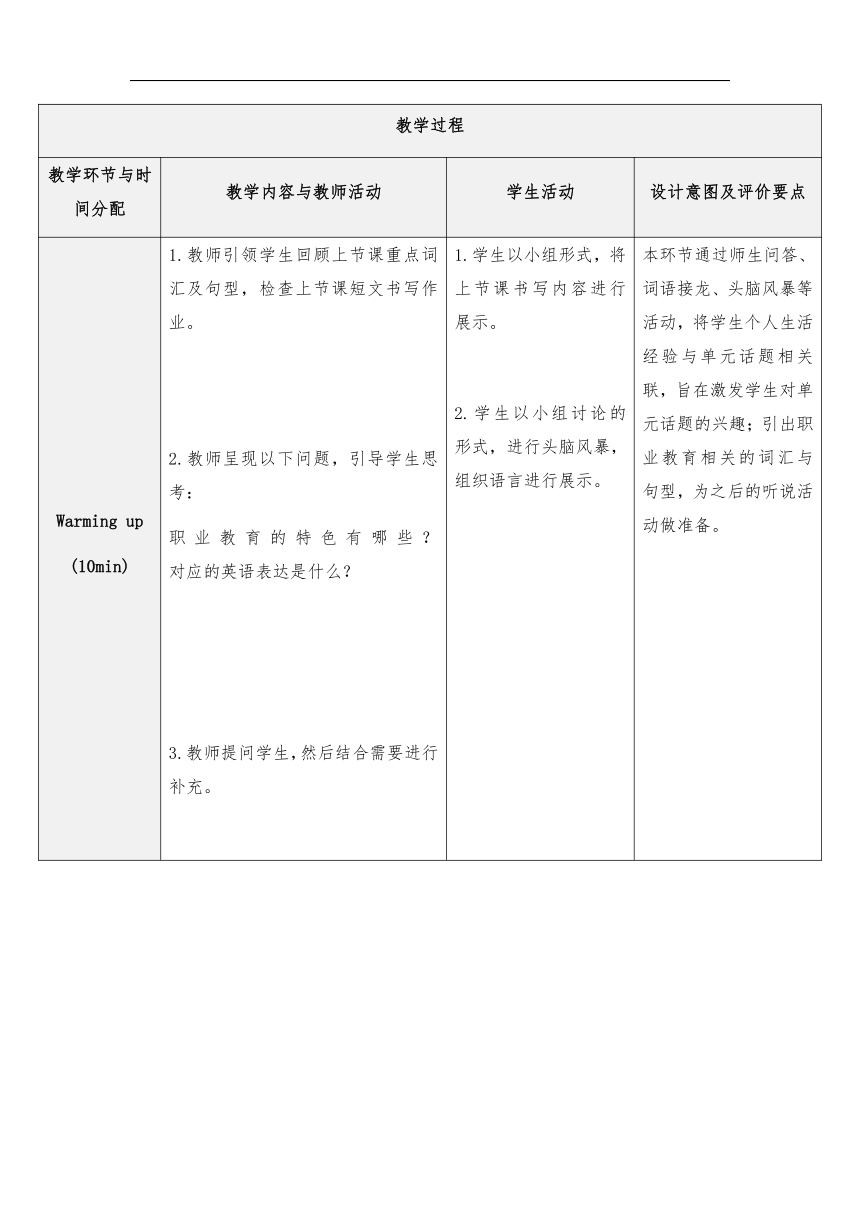 中职英语高教版（2021）基础模块1  Unit 4 School Life Culture Understanding & Language Practice 教学设计（表格式）