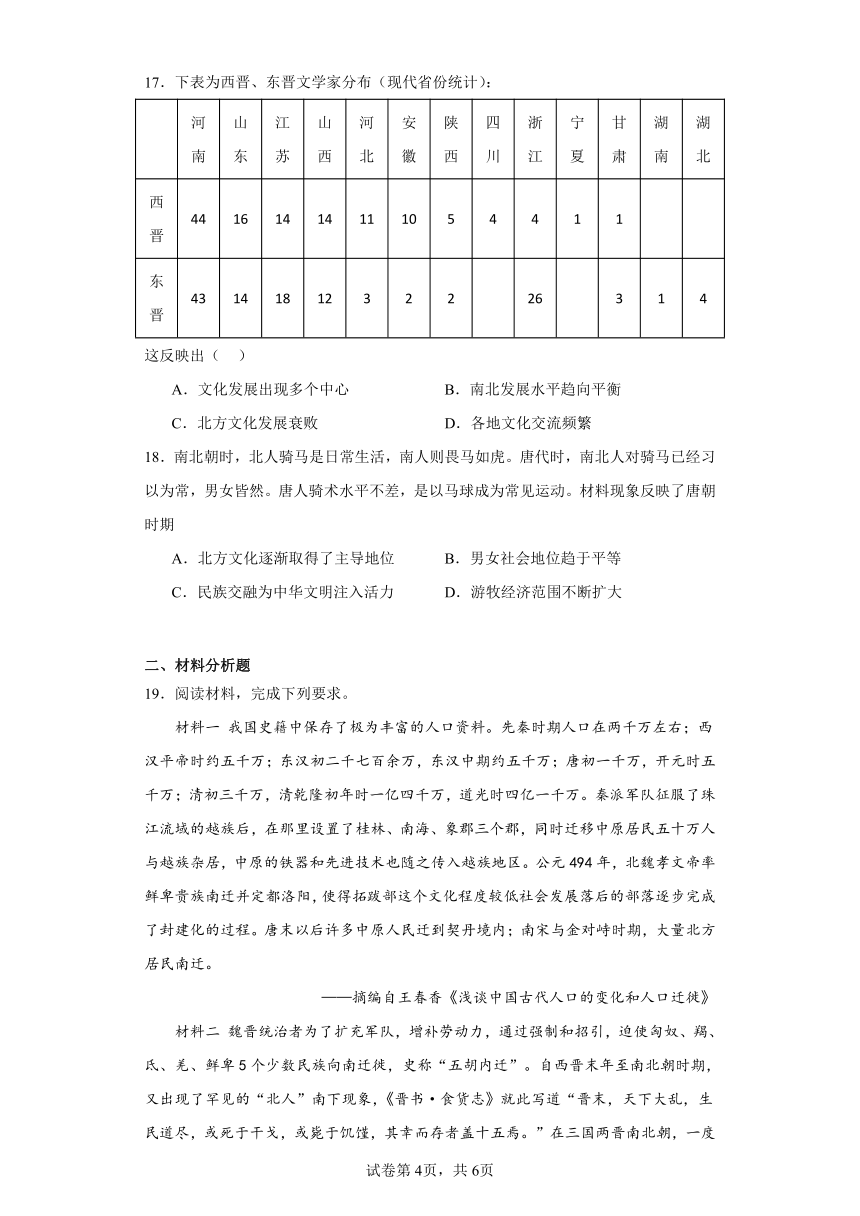 第5课 三国两晋南北朝的政权更迭与民族交融 同步练习（含解析）2023-2024学年高一上学期统编版（2019）必修中外历史纲要上