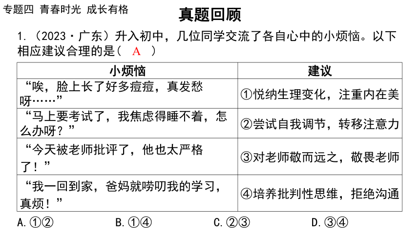 2024年中考道德与法治二轮总复习课件(共73张PPT)：专题四  青春时光  成长有格