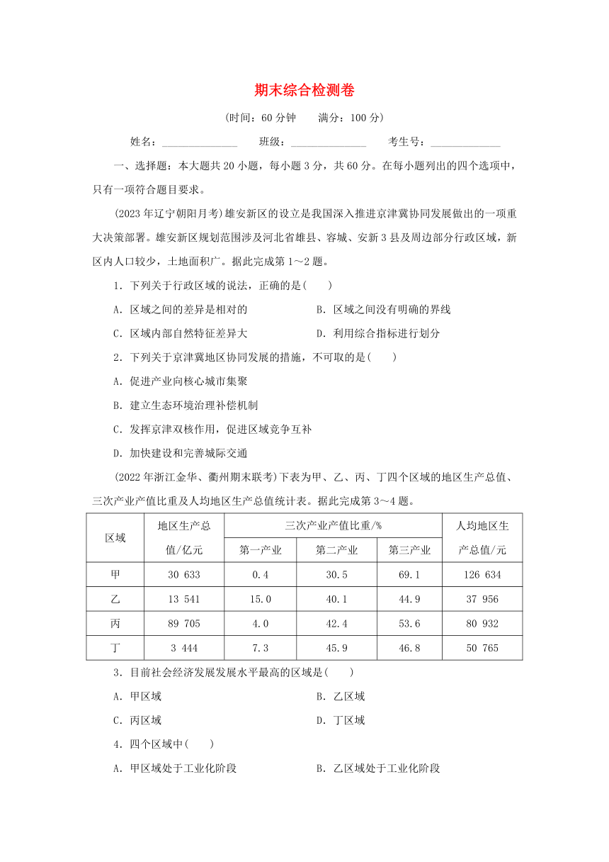 湘教版选择性必修2 2024版高中地理期末综合检测卷（含解析）