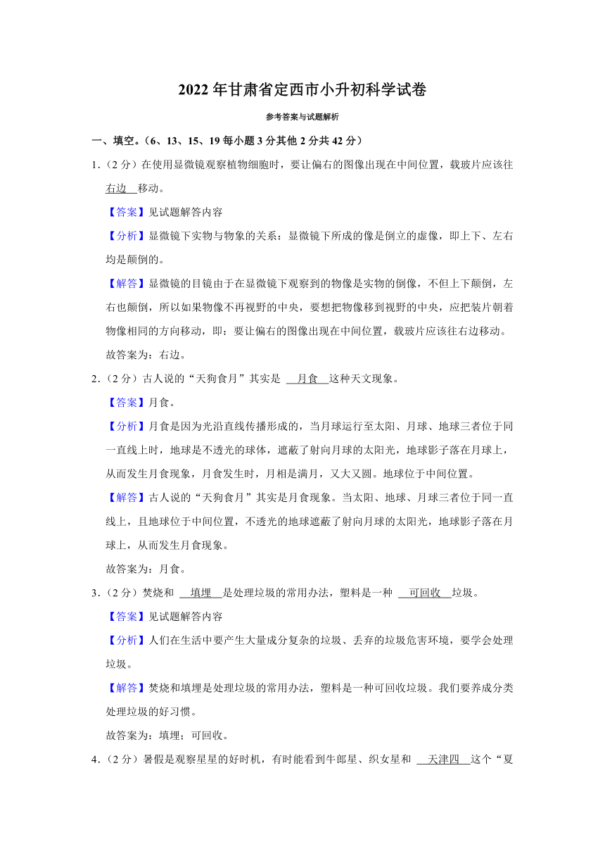 2022年甘肃省定西市小升初科学试卷（含解析）