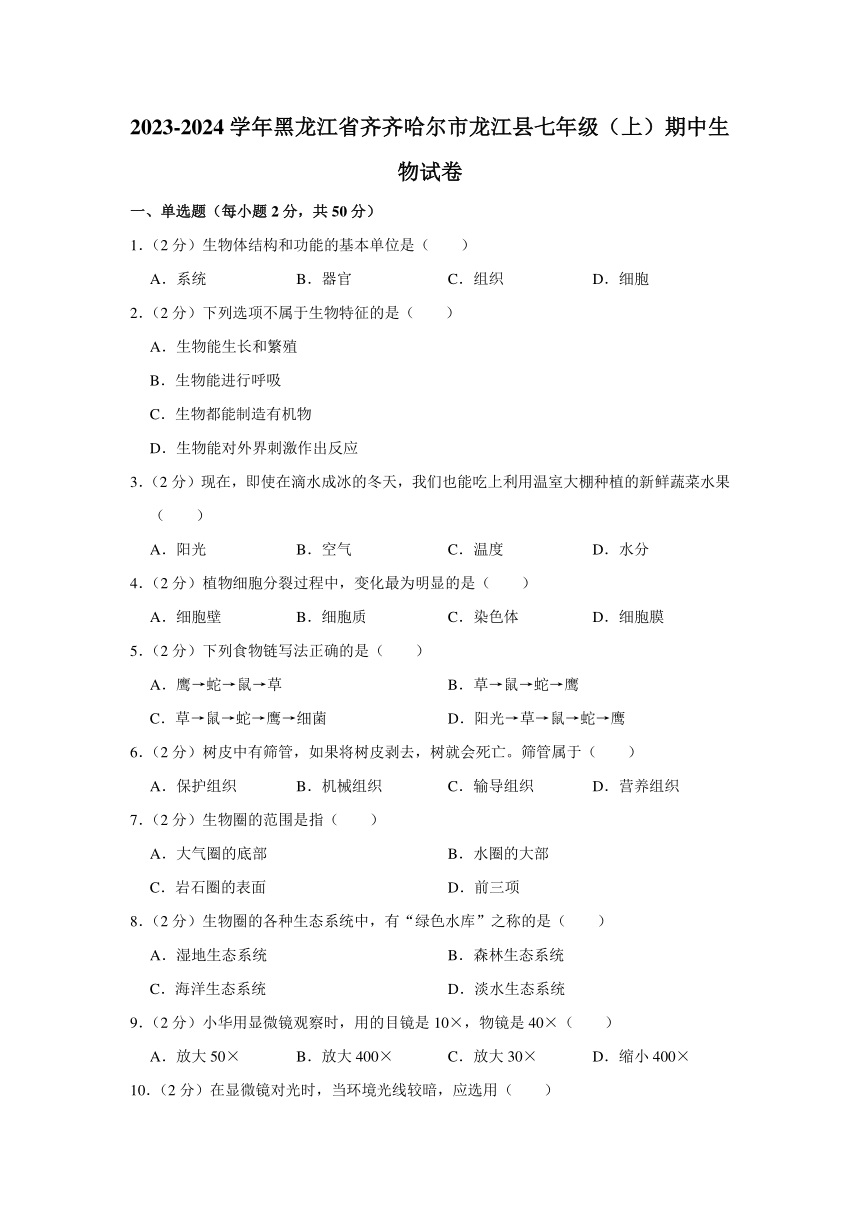 2023-2024学年黑龙江省齐齐哈尔市龙江县七年级（上）期中生物试卷（含解析）