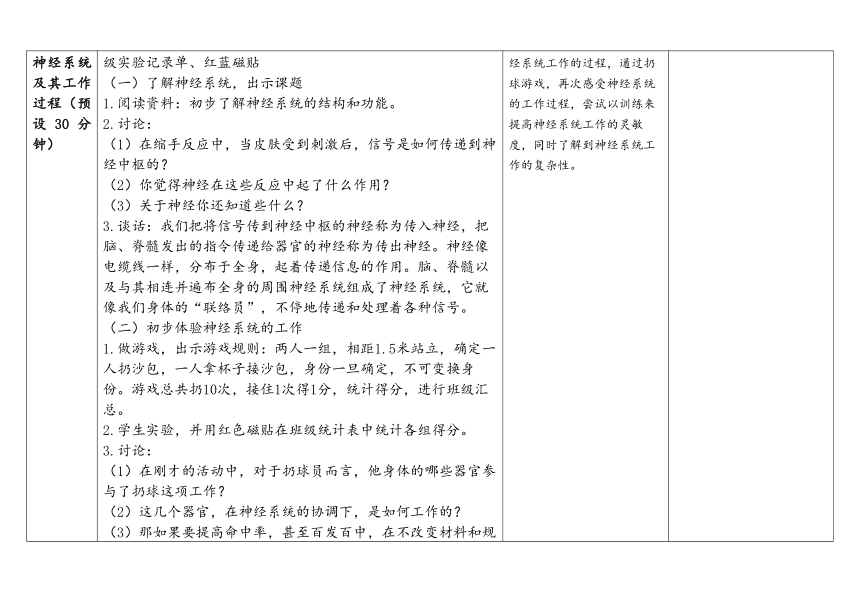 教科版五年级科学上册 4-5《身体的“联络员”》（表格式教案）