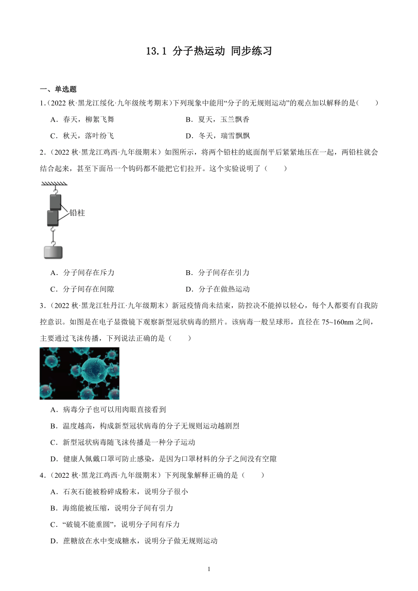 13.1 分子热运动 同步练习（有解析） 2022-2023学年上学期黑龙江省各地九年级物理期末试题选编