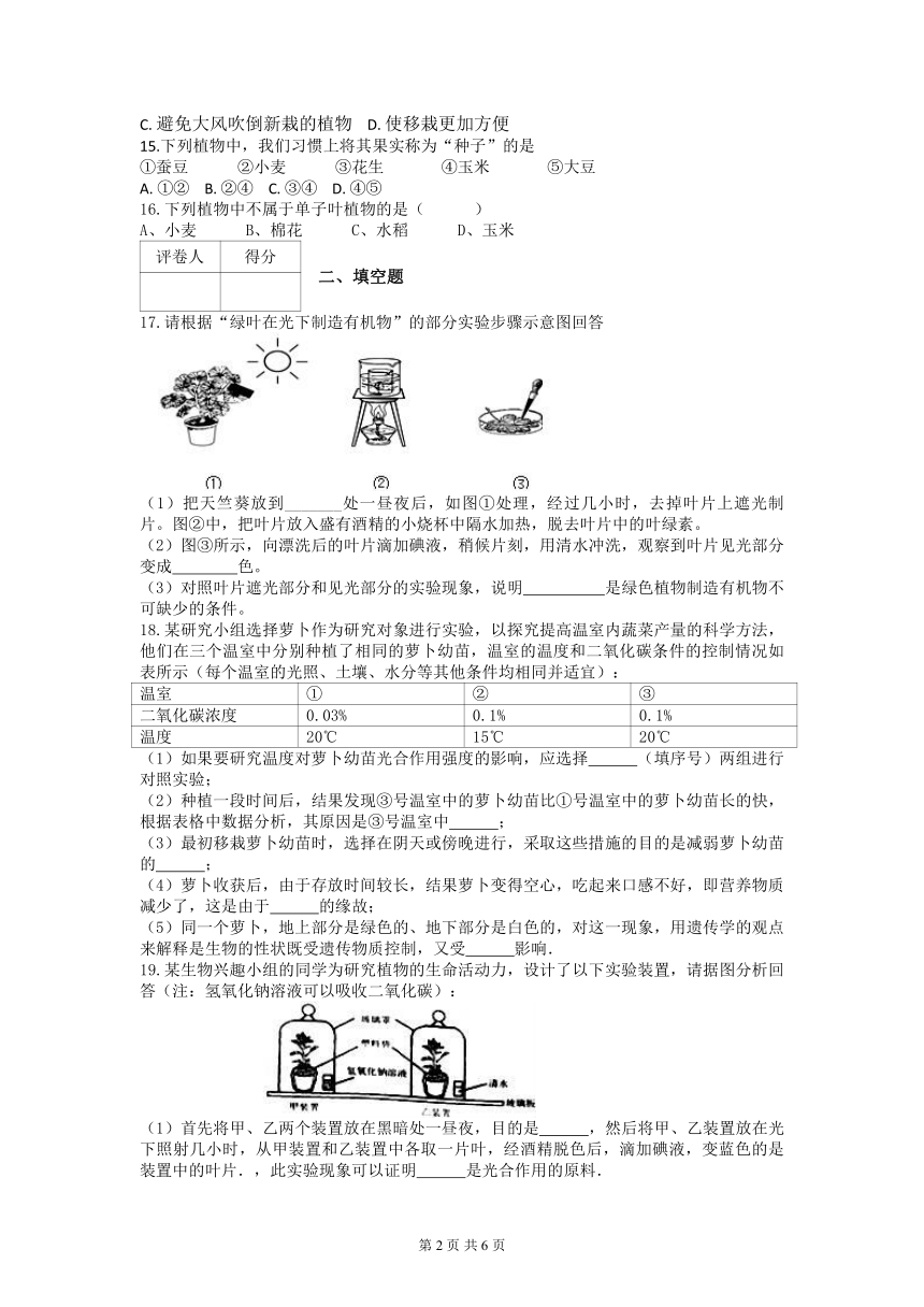 人教版七年级上册生物第三单元测试题（含答案）