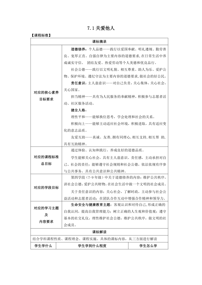 （核心素养目标）7.1关爱他人  教案（表格式）