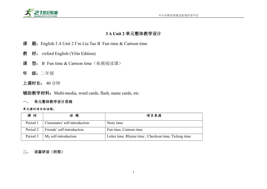 Unit 2 I’m Liu Tao B  Fun time & Cartoon time 单元整体教学设计