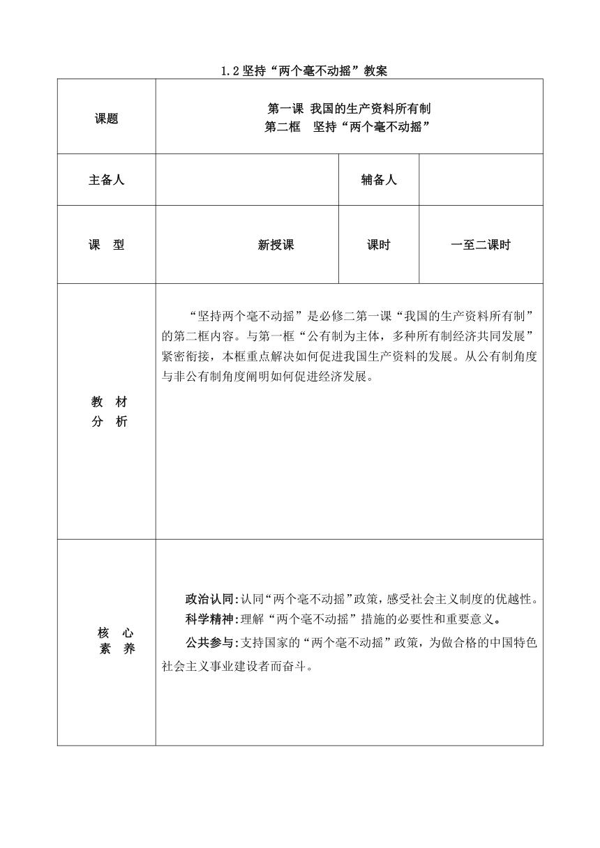 【核心素养目标】1.2 坚持”两个毫不动摇“ 教案（表格式）-2023-2024学年高中政治统编版必修二经济与社会