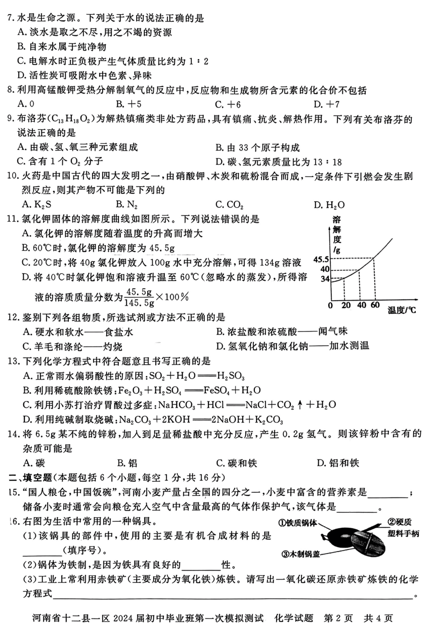 2024年河南省十二县一区第一次模拟测试化学试题(图片版无答案)