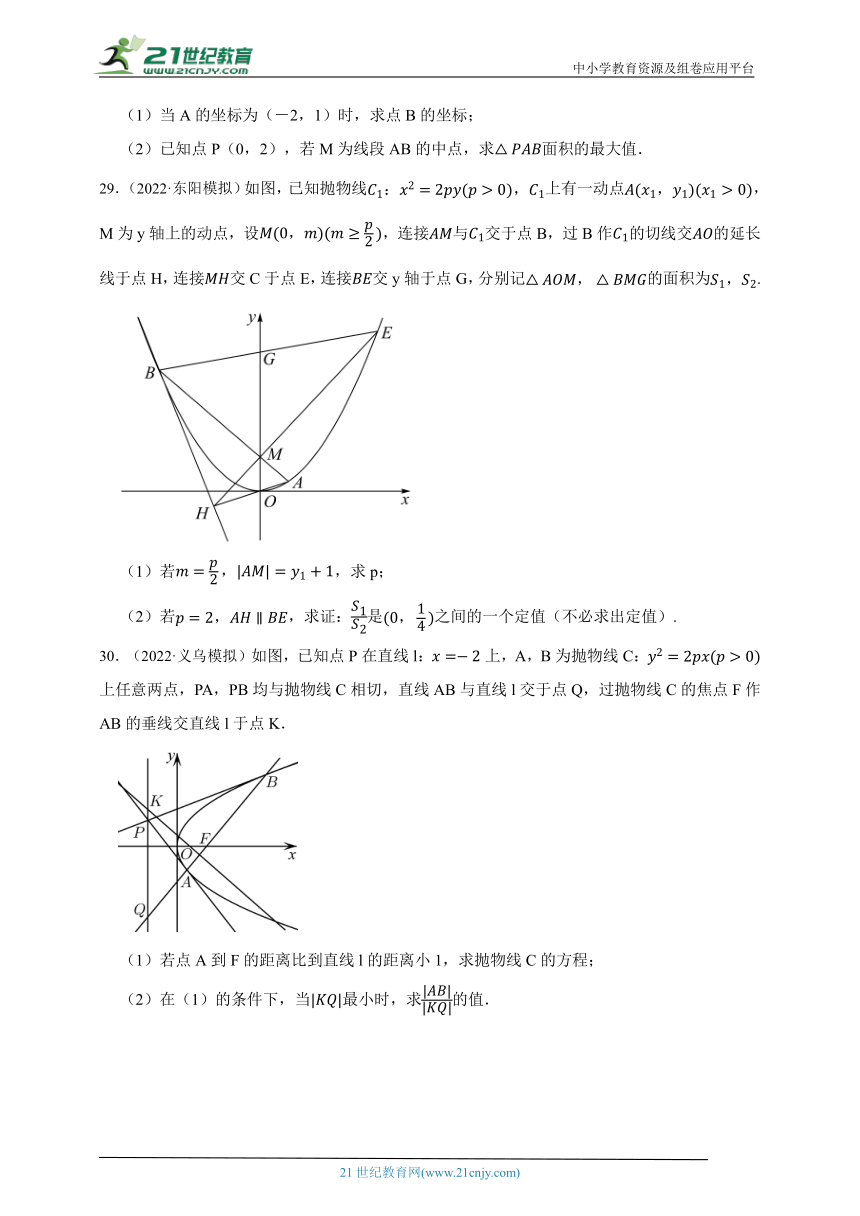 高中数学人教A版（2019）选修1 3.3 抛物线性质与应用2（填空、大题）章节综合练习题（答案+解析）