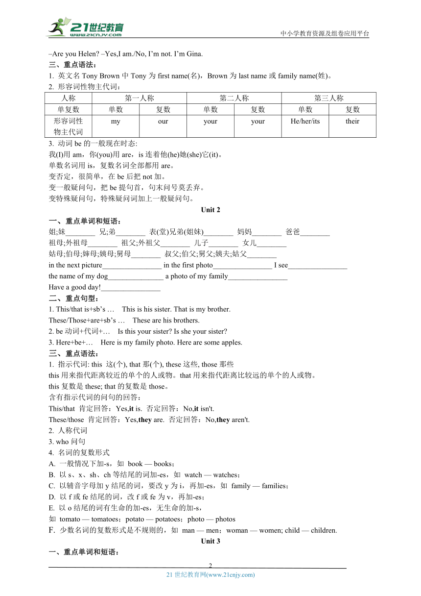 人教新目标七年级上册期末复习重难点知识梳理一（Starter Unit 1-Unit 5）