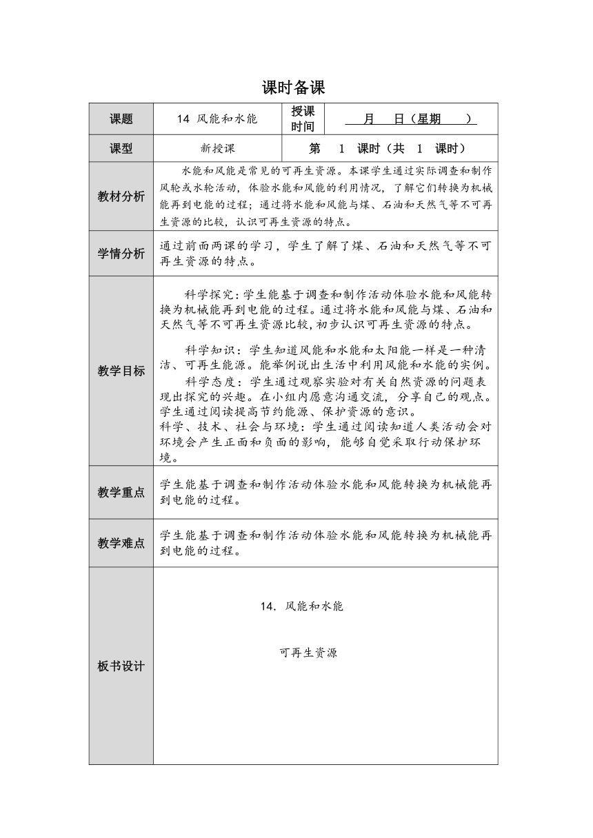 人教鄂教版小学科学六年级上册四单元14课《风能和水能》教案 （表格式）