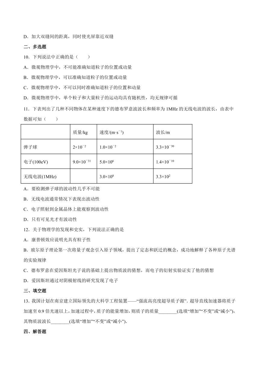 4.5 粒子的波动性和量子力学的建立（习题）（含解析）人教版（2019）高中物理选择性必修第三册