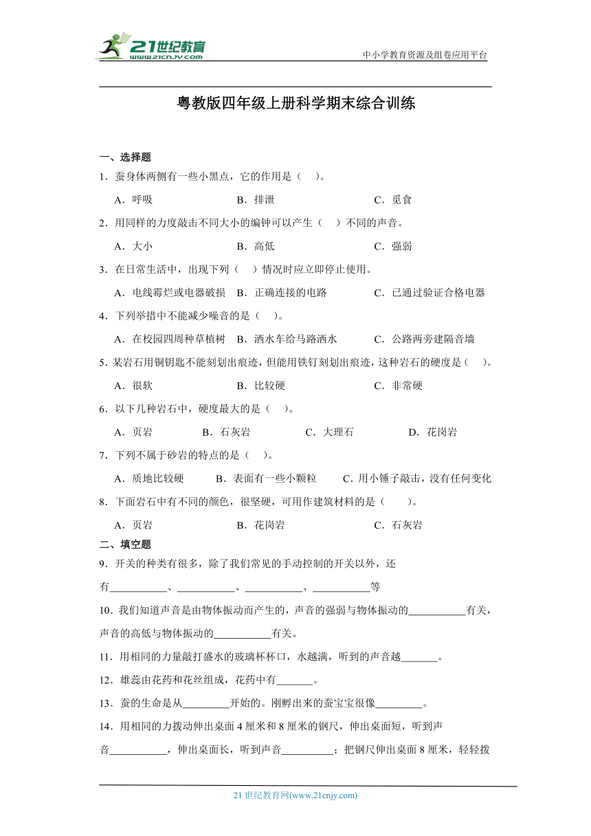 粤教版四年级上册科学期末综合训练（含答案）