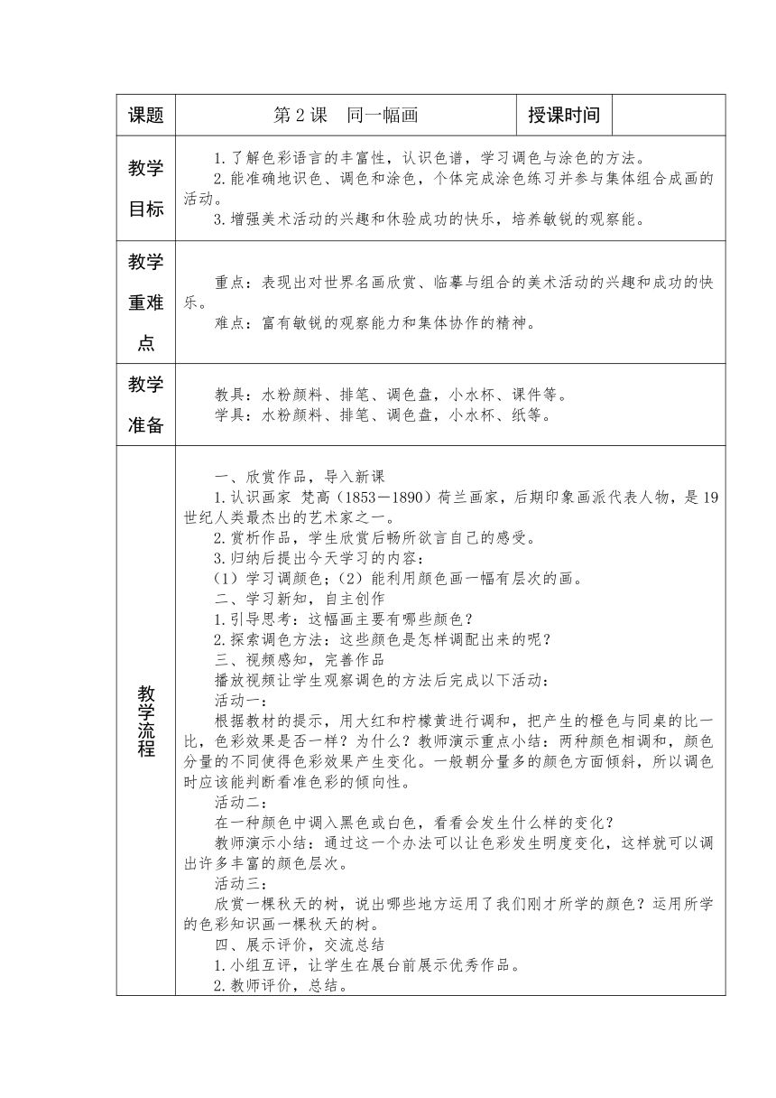 湘美版美术五年级下册全册 教学设计 （表格式）