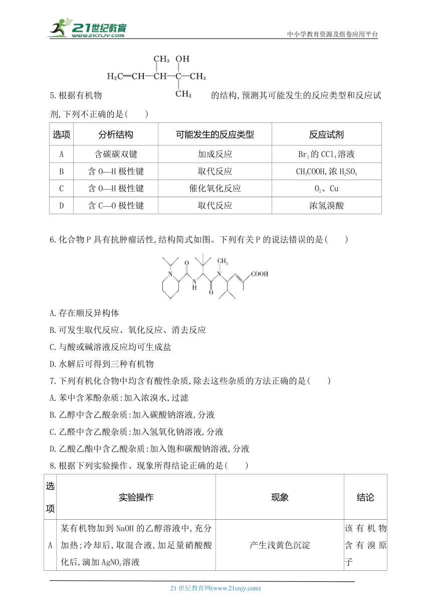 2024人教版高中化学选择性必修3同步练习题--第三章　烃的衍生物（含解析）