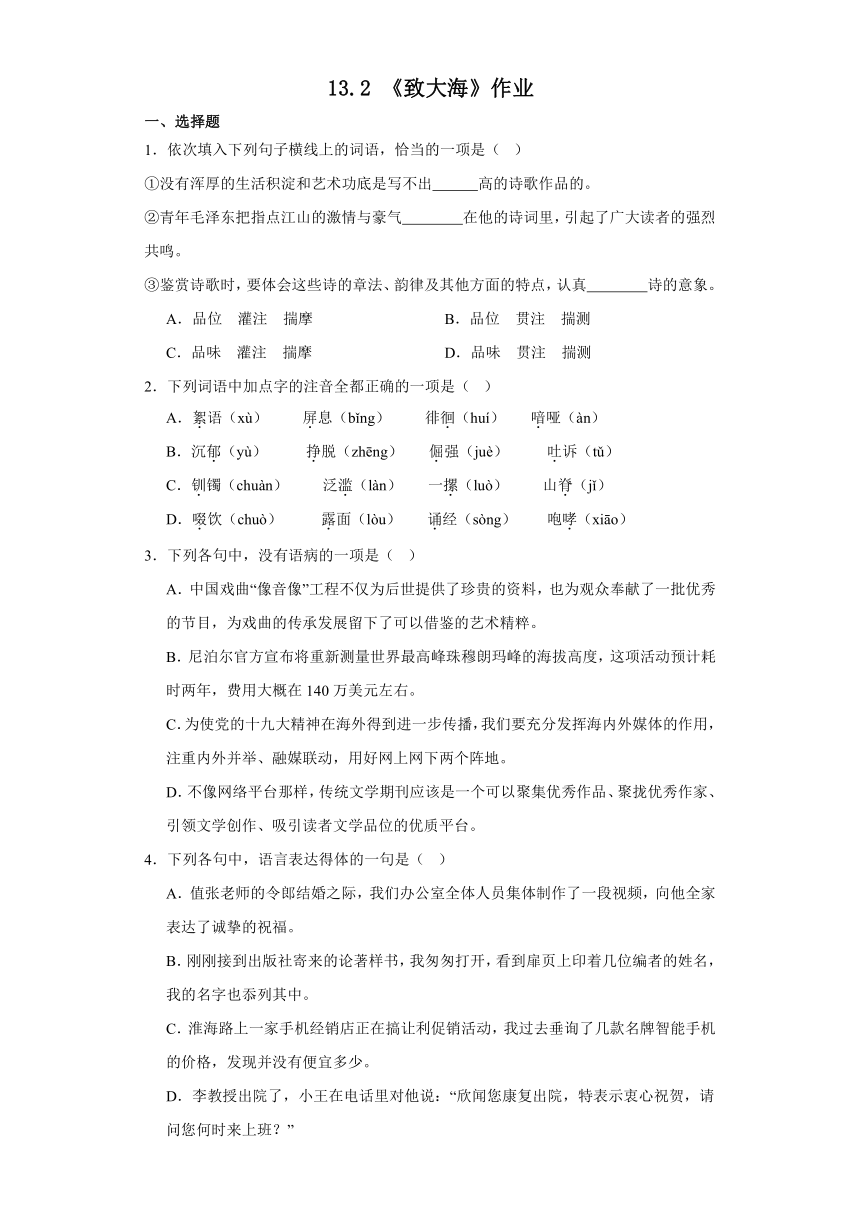 13.2 《致大海》作业（含答案） 2023-2024学年统编版高中语文选择性必修中册