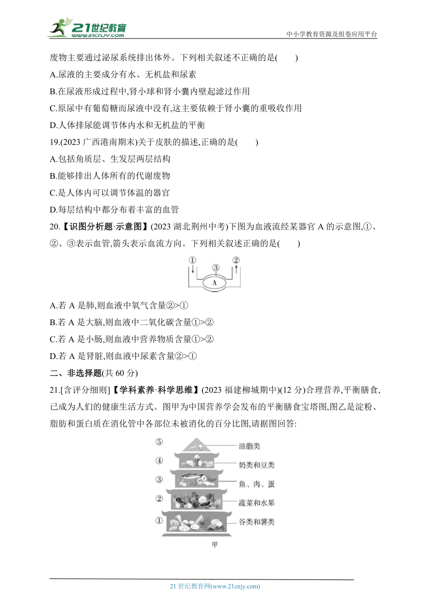 2024北师大版生物七年级下册--期中素养综合测试（含解析）