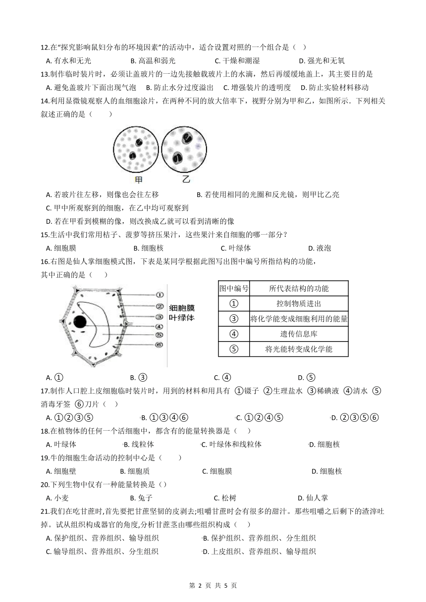 人教版七年级生物上学期期中模拟试卷（附答案）