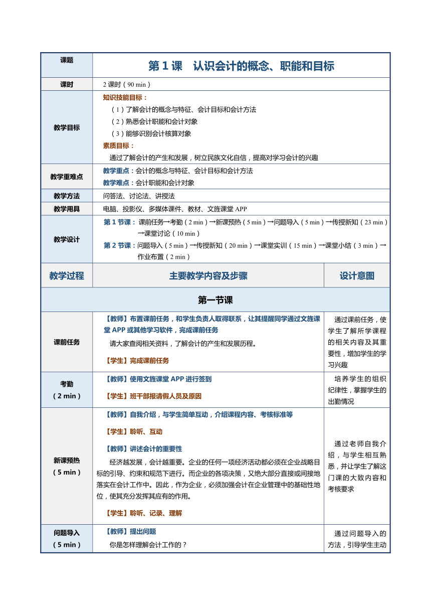 第1课 认识会计的概念、职能和目标 教案（表格式）《会计基础》（江苏大学出版社）