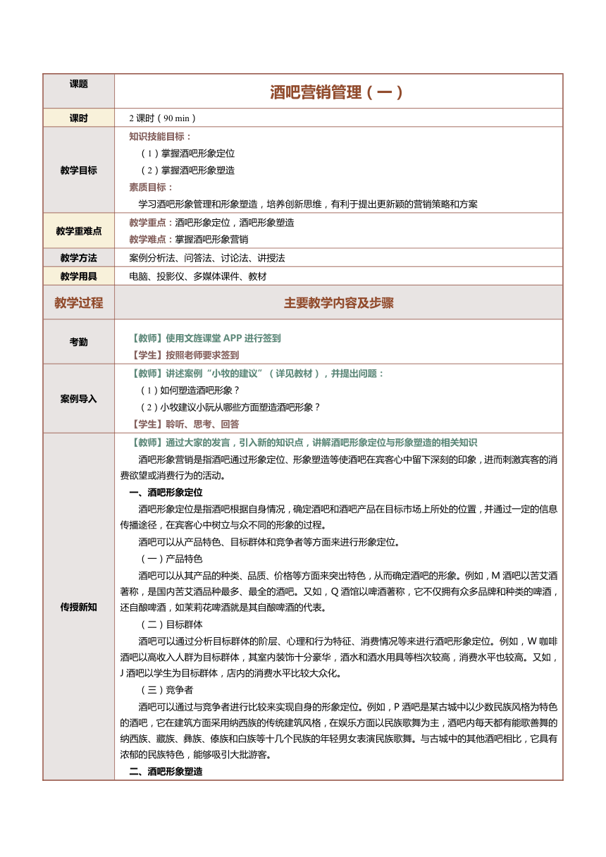 9.1酒吧营销管理（一）教案（表格式）《酒水服务与酒吧管理》（中国言实出版社）