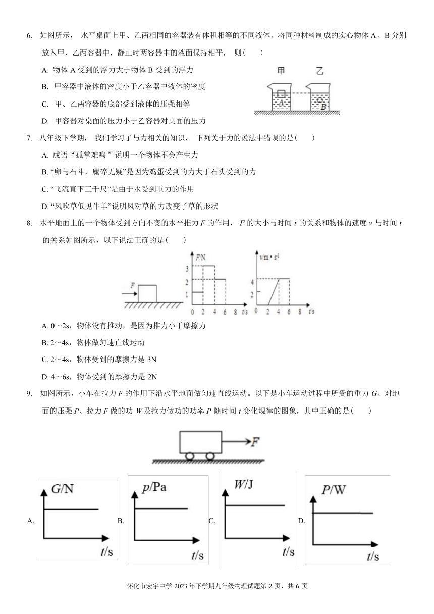 湖南省怀化市宏宇中学2023-2024学年九年级上学期入学考试物理试题（无答案）