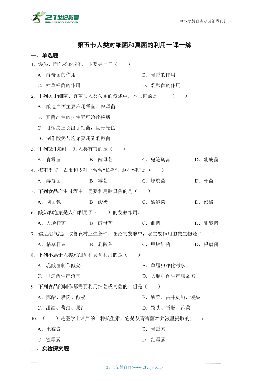 八年级上册5.4.5人类对细菌和真菌的利用一课一练（含解析）