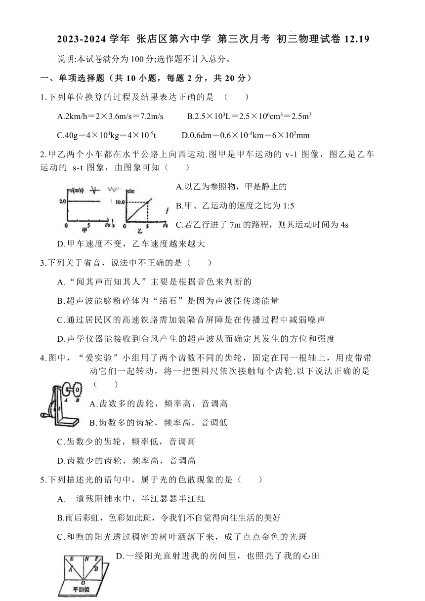 山东省淄博市张店区第六中学2023-2024学年上学期第三次月考八年级物理试卷（PDF版 无答案）