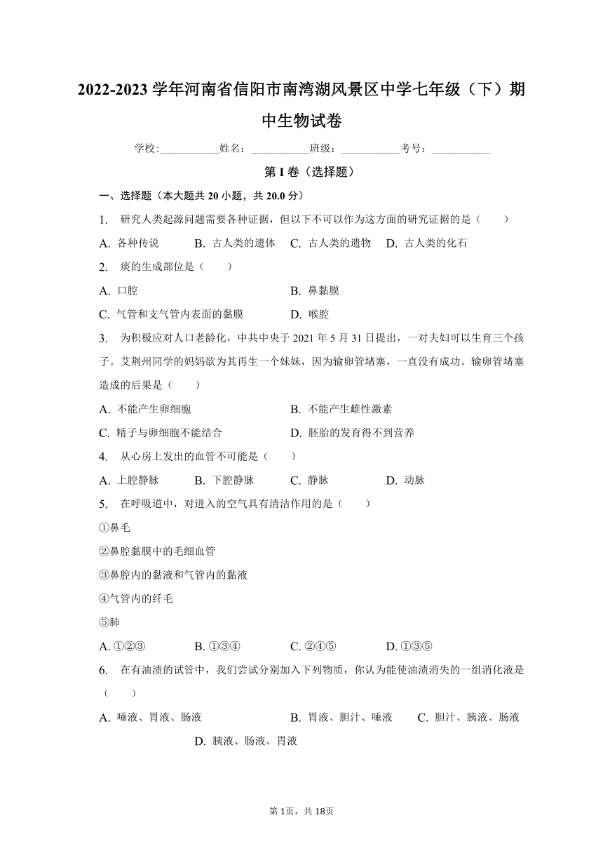 2022-2023学年河南省信阳市南湾湖风景区中学七年级（下）期中生物试卷（含解析）