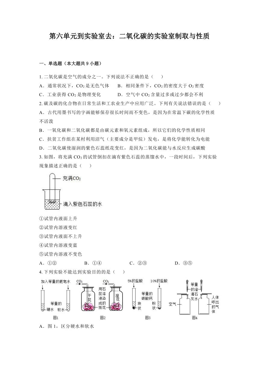 化学鲁教版九上同步习题：第六单元到实验室去：二氧化碳的实验室制取与性质（含答案）