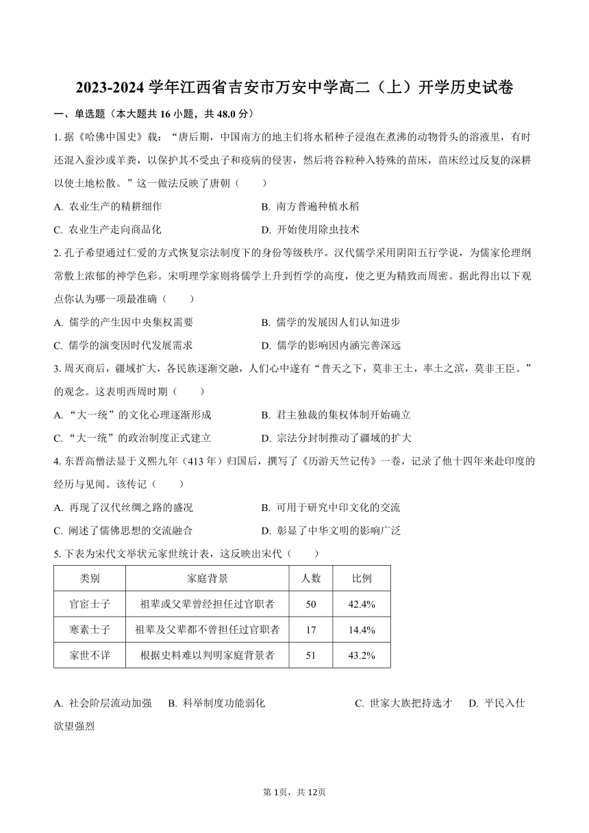 2023-2024学年江西省吉安市万安中学高二（上）开学历史试卷（含解析）