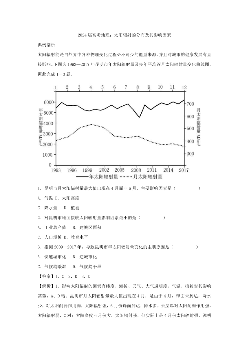 2024届高考地理考法训练学案：太阳辐射的分布及其影响因素（含答案）